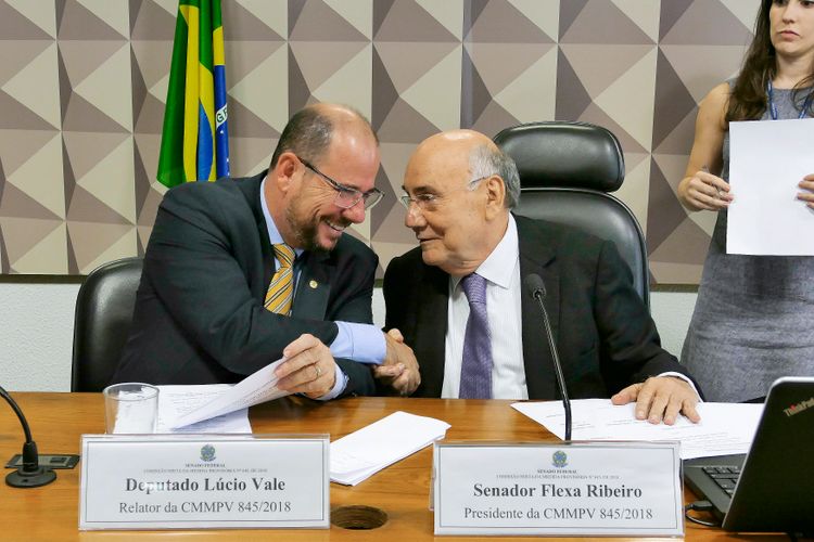 Comissão Mista da Medida Provisória 845/18, que institui o Fundo Nacional de Desenvolvimento Ferroviário. Relator da MP, deputado Lúcio Vale; e presidente da comissão, senador Flexa Ribeiro.